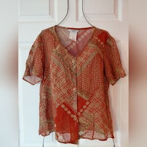 Women's Vintage CONRADC PETITE size 10 Sheer Red and Brown Patterned BohemiamTop